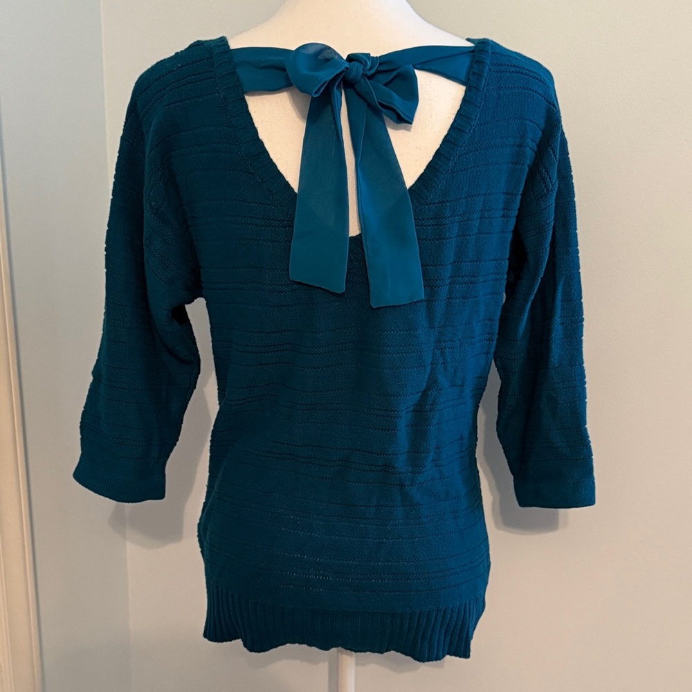 Teal V-Neck Women's Sweater with bow detail in back
